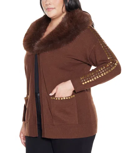 Belldini Women's Black Label Embellished Collar Cardigan Sweater In Brown