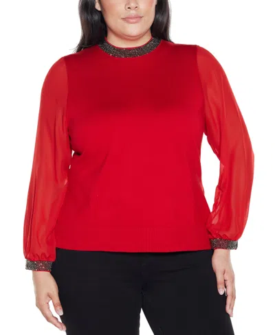 Belldini Plus Size Black Label Rhinestone-neckline Chiffon-sleeve Sweater In Red
