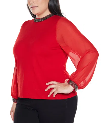 Belldini Plus Size Black Label Rhinestone-neckline Chiffon-sleeve Sweater In Red