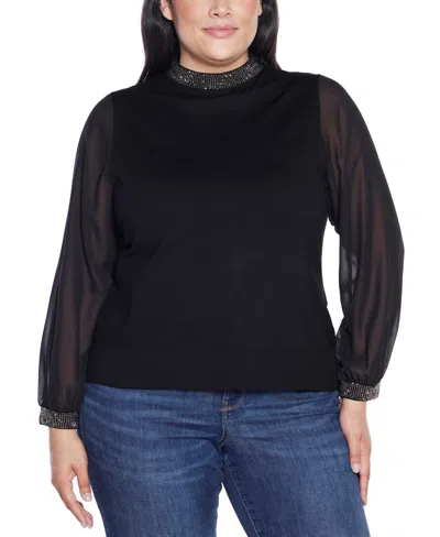 Belldini Plus Size Black Label Rhinestone-neckline Chiffon-sleeve Sweater In Black