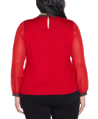 Belldini Plus Size Black Label Rhinestone-neckline Chiffon-sleeve Sweater In Red