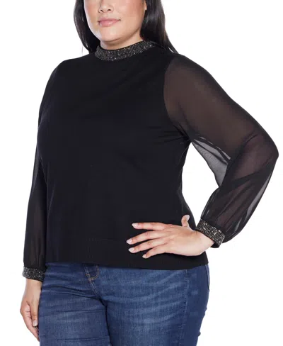 Belldini Plus Size Black Label Rhinestone-neckline Chiffon-sleeve Sweater In Black