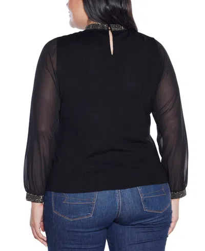 Belldini Plus Size Black Label Rhinestone-neckline Chiffon-sleeve Sweater In Black