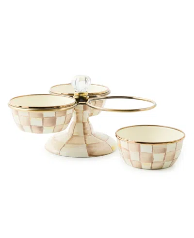 Mackenzie-childs Mackenzie Childs Mocha Check Enameled Steel Triplicity Bowls & Stand Set In Neutral