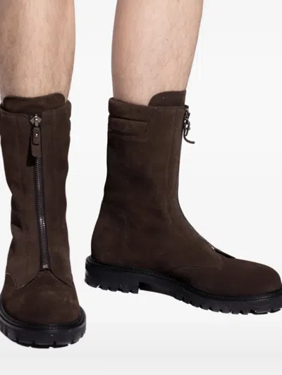 Giorgio Armani Leather Zip Boots In Brown