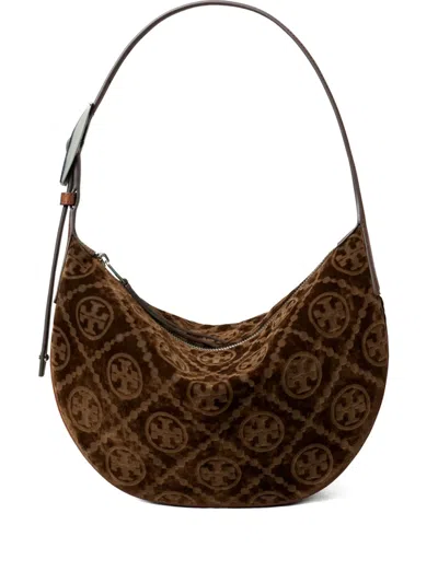 Tory Burch T Monogram Small Flocked Shoulder Bag In Brown