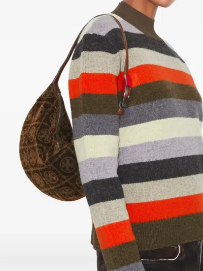 Tory Burch T Monogram Small Flocked Shoulder Bag In Brown