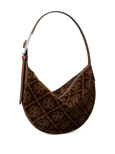 Tory Burch T Monogram Small Flocked Shoulder Bag In Brown