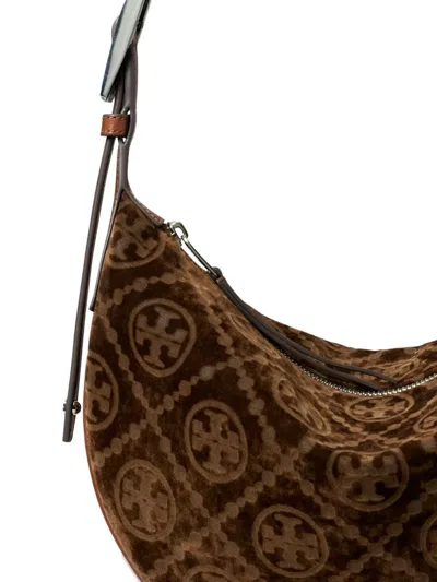 Tory Burch T Monogram Small Flocked Shoulder Bag In Brown