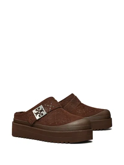 Tory Burch Mellow Shearling Platform T Monogram Mules In Brown