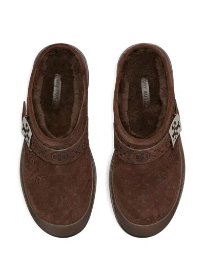 Tory Burch Mellow Shearling Platform T Monogram Mules In Brown