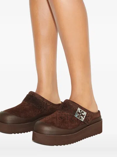Tory Burch Mellow Shearling Platform T Monogram Mules In Brown