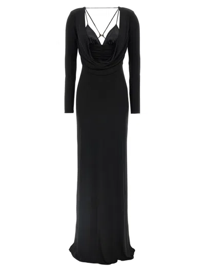 Elisabetta Franchi Maxi Dress With Draped Cowl Neckline In Black