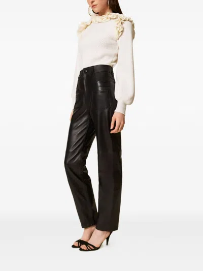 Twinset Twin-set Black Pants With Elastic Waistband And Logo In Eco Leather In Black