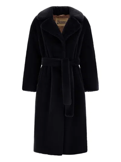 Herno Long Coat With Belted Waist And Notched Lapels In Black