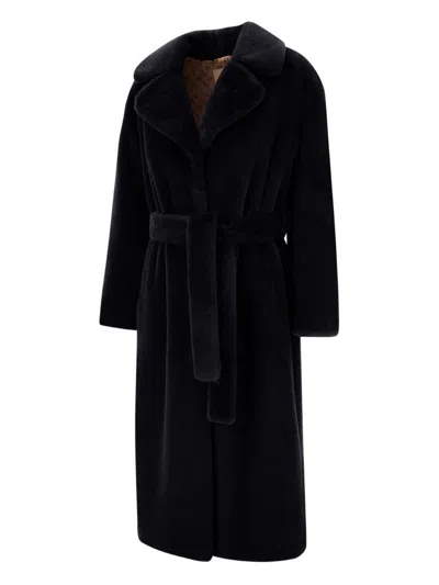 Herno Long Coat With Belted Waist And Notched Lapels In Black