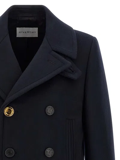 Givenchy Blue Coat With Wide Lapels And Logoed Buttons In Wool Man In Multi