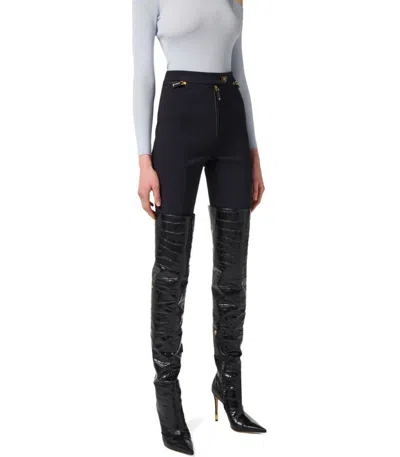 Elisabetta Franchi Straight-leg Cropped Crepe Pants With Gold Accents In Black