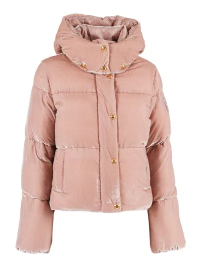 Elisabetta Franchi Sunrise Velvet Hooded Down Jacket In Pink