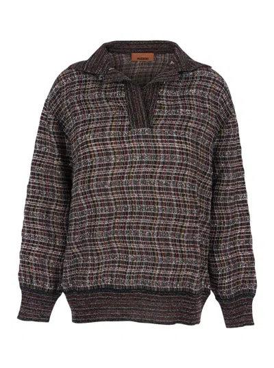 Missoni Multicolor Sweater With Wide Collar And All-over Zigzag Pattern In Wool Blend Woman In Brown
