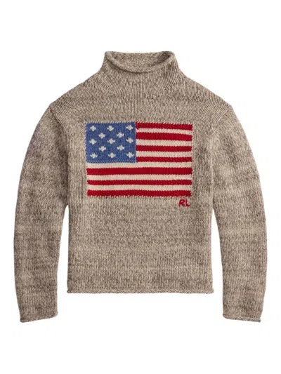 Polo Ralph Lauren Wool-blend Embroidered Flag Sweater In Brown