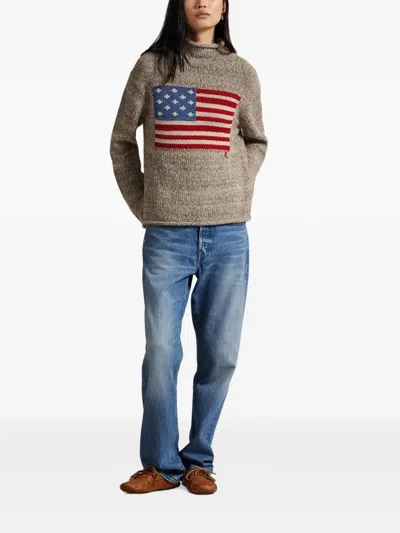 Polo Ralph Lauren Wool-blend Embroidered Flag Sweater In Brown
