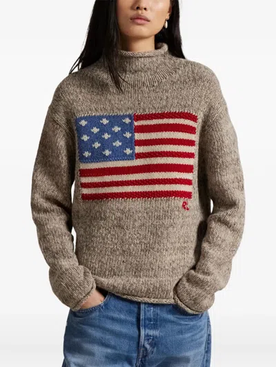 Polo Ralph Lauren Wool-blend Embroidered Flag Sweater In Brown