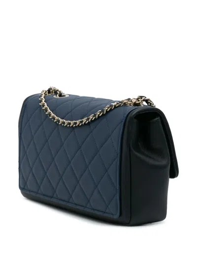 Pre-owned Chanel 2014-2015 Medium Bicolor Calfskin Graphic Flap Shoulder Bag In Blue