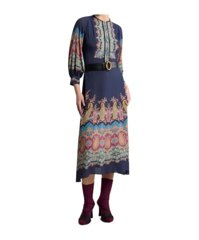 Etro , Dress With Placed Paisley Print, Woman, Blue, Size 44 In Black