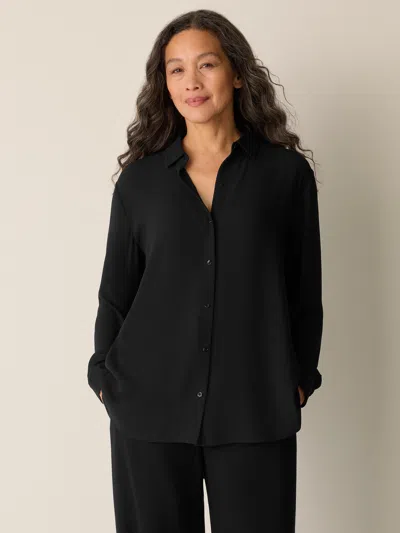 Eileen Fisher Silk Georgette Crepe Classic Collar Shirt In Black