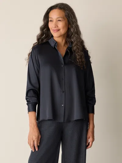 Eileen Fisher Stretch Silk Charmeuse Classic Collar Shirt In Black