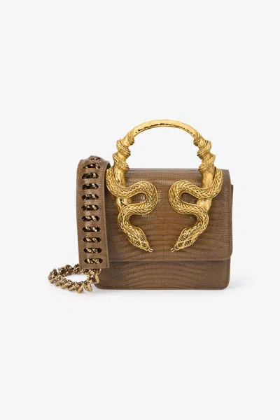 Roberto Cavalli Chain Strap Shoulder Bag With Snake Handle In Brown
