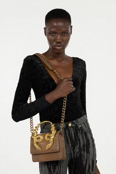 Roberto Cavalli Chain Strap Shoulder Bag With Snake Handle In Brown