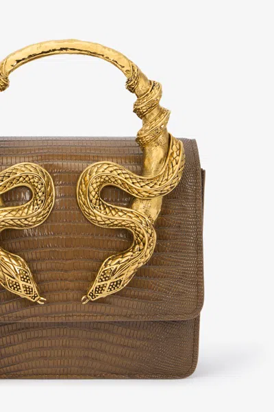 Roberto Cavalli Chain Strap Shoulder Bag With Snake Handle In Brown