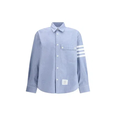 Thom Browne Flannel 4-bar Straight Fit Shirt Man Polo Shirt Multicolored Size L Cotton In Blue