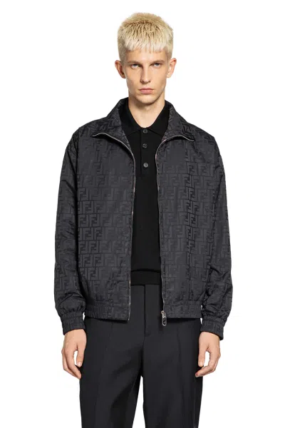 Fendi Men Black Jacket With High Neck And All-over Ff Motif In Tech Fabric Man In Black