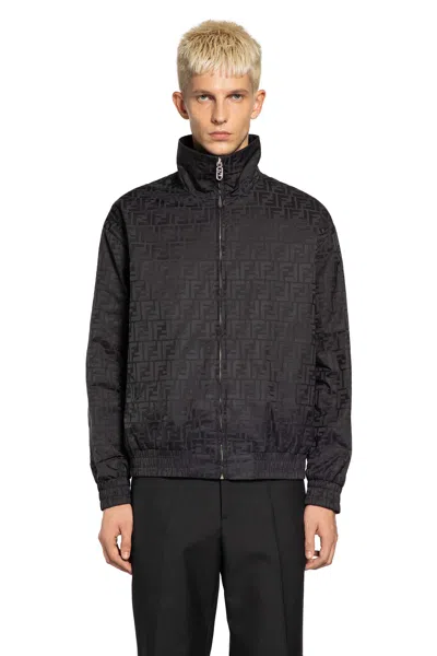 Fendi Men Black Jacket With High Neck And All-over Ff Motif In Tech Fabric Man In Black