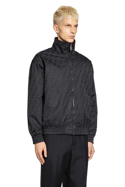 Fendi Men Black Jacket With High Neck And All-over Ff Motif In Tech Fabric Man In Black