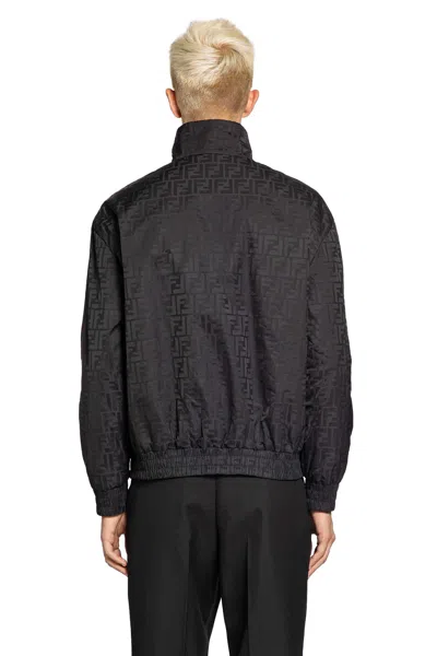 Fendi Men Black Jacket With High Neck And All-over Ff Motif In Tech Fabric Man In Black