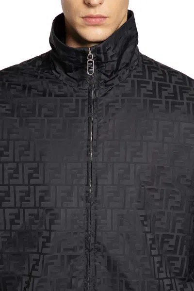 Fendi Men Black Jacket With High Neck And All-over Ff Motif In Tech Fabric Man In Black