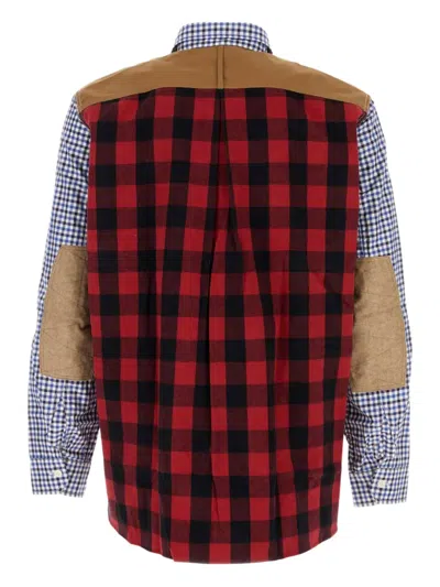 Junya Watanabe Cotton Shirt With Dual Pattern And Elbow Patches In Blue