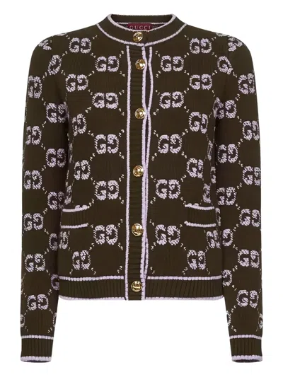 Gucci Wool Cardigan With Front Pockets And Long Sleeves In Green