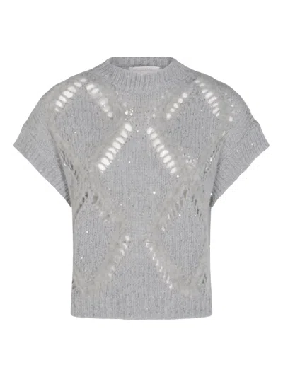 Antonelli Bohemian Mood Open-knit Cotton-blend Top In Gray
