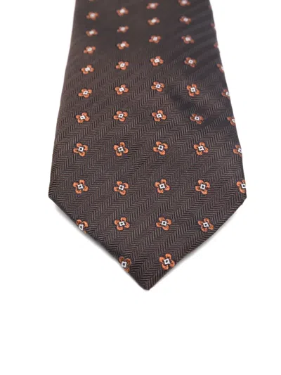 Corneliani Brown Silk Tie With Little Flowers  In Brown