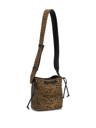 Pinko Leopard Print Drawstring Shoulder Bag In Brown