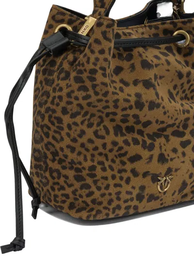 Pinko Leopard Print Drawstring Shoulder Bag In Brown
