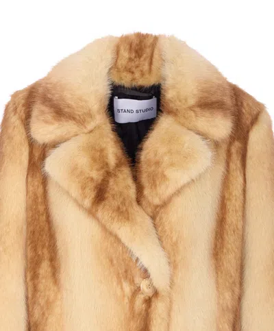 Stand Studio Straight Silhouette Electric Red Synthetic Fur Coat In Brown