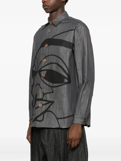 Labrum London Nomoli-print Denim Shirt In Gray