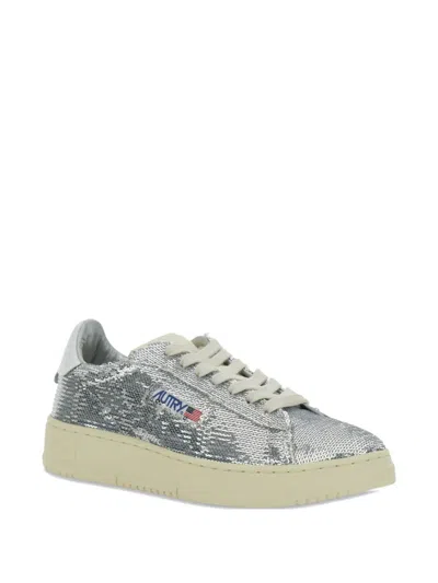 Autry Dallas Low Sparkling Sneakers In Silver And White Sequins Shoes In Silver