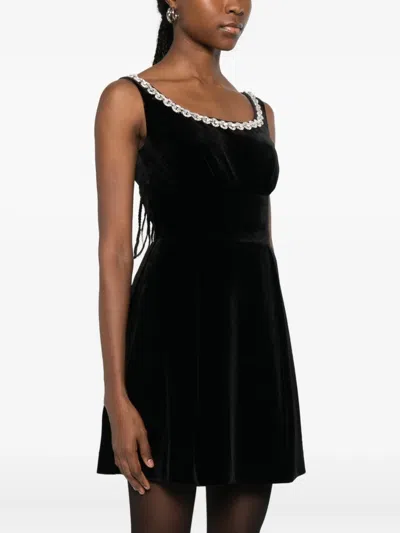 Self-portrait Godet Velvet Mini Dress Crystal Trim In Black